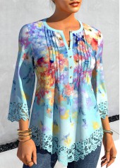 Light Blue tops,Floral tops,ROTITA Floral Print Light Blue Asymmetric Hem Blouse