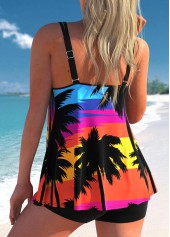Multi Color swimwear,Dazzle Colorful swimwear,ROTITA Coconut Tree Print Double Straps Multi Color Swimdress Top