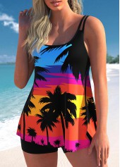 Multi Color swimwear,Dazzle Colorful swimwear,ROTITA Coconut Tree Print Double Straps Multi Color Swimdress Top