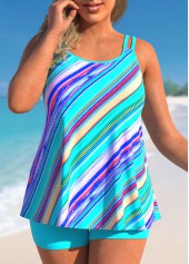ROTITA Cyan Plus Size Striped Double Straps Tankini Set
