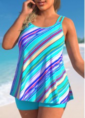 Cyan plus size,Striped plus size,ROTITA Cyan Plus Size Striped Double Straps Tankini Set