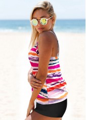 Hot Pink swimwear,Floral swimwear,ROTITA Rose Red Striped Cross Strap Tankini Set