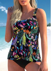 Black swimwear,Floral swimwear,ROTITA Wide Strap Floral Print Black Tankini Top