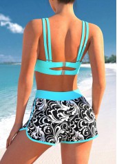 Cyan swimwear,Floral swimwear,ROTITA Contrast Stitch Floral Print Cyan Bikini Set