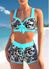 Cyan swimwear,Floral swimwear,ROTITA Contrast Stitch Floral Print Cyan Bikini Set