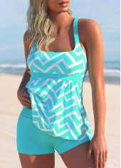 Cyan swimwear,Geometric swimwear,ROTITA Geometric Print Wide Strap Cyan Tankini Set