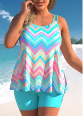 ROTITA Chevron Print Cyan Double Straps Plus Size Tankini Set