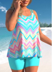 Cyan plus size,Chevron plus size,ROTITA Chevron Print Cyan Double Straps Plus Size Tankini Set