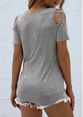 Light Grey tops,Plain Color tops,Light Grey Cold Shoulder Round Neck T Shirt