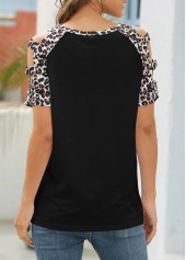Black tops,Leopard tops,Leopard Black Ladder Cutout Round Neck T Shirt
