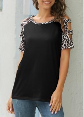 Black tops,Leopard tops,Leopard Black Ladder Cutout Round Neck T Shirt