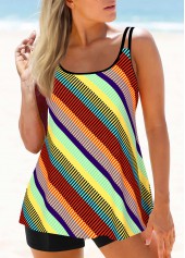 Double Straps Striped Color Block Tankini Set