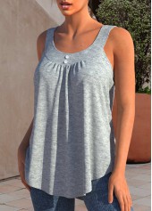 Light Grey Marl tops,Plain Color tops,ROTITA Decorative Button Grey Marl Round Neck Tank Top