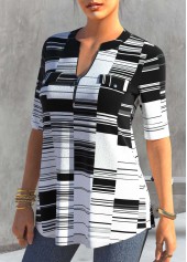 Black tops,Geometric tops,ROTITA Black Geometric Print Short Sleeve Split Neck Blouse