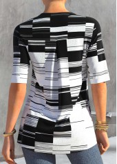 Black tops,Geometric tops,ROTITA Black Geometric Print Short Sleeve Split Neck Blouse