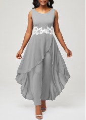 Grey jumpsuits & rompers,Plain Color jumpsuits & rompers,ROTITA Lace Stitching Grey Faux Two Piece Jumpsuit