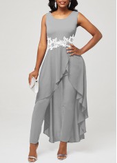 Grey jumpsuits & rompers,Plain Color jumpsuits & rompers,ROTITA Lace Stitching Grey Faux Two Piece Jumpsuit
