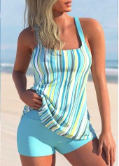 ROTITA Cyan Stripe Print Wide Strap Tankini Set