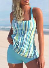 Cyan swimwear,Striped swimwear,ROTITA Cyan Stripe Print Wide Strap Tankini Set