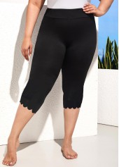 Black plus size,Plain Color plus size,ROTITA Wave Hem Black High Waisted Plus Size Swim Shorts