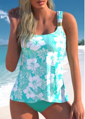 Cyan plus size,Floral plus size,ROTITA Floral Print Plus Size Cyan Crossover Hem Tankini Set