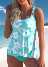 Cyan plus size,Floral plus size,ROTITA Floral Print Plus Size Cyan Crossover Hem Tankini Set