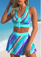Cyan swimwear,Striped swimwear,ROTITA Stripe Print High Waisted Cyan Bikini Set