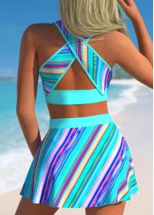 Cyan swimwear,Striped swimwear,ROTITA Stripe Print High Waisted Cyan Bikini Set