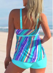 Cyan swimwear,Striped swimwear,ROTITA Wide Strap Geometric Stripe Print Cyan Tankini Set