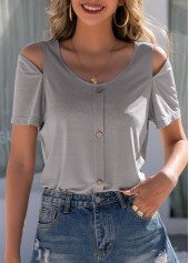 Light Grey tops,Plain Color tops,Cold Shoulder Light Grey Decorative Button T Shirt