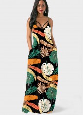 Multi Color dresses,Plants dresses,Spaghetti Strap Leaf Print Double Side Pocket Dress