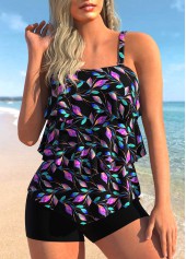 Layered Ruffle Hem Black Leaf Print Tankini Set