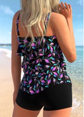 Black swimwear,Plants swimwear,ROTITA Layered Ruffle Hem Black Leaf Print Tankini Top