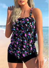 Black swimwear,Plants swimwear,ROTITA Layered Ruffle Hem Black Leaf Print Tankini Top
