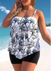 White plus size,Plants plus size,ROTITA Ruffle Hem Coconut Tree Print Plus Size Tankini Top