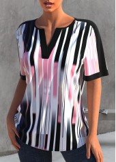 Multi Color tops,Striped tops,ROTITA Striped Split Neck Color Block T Shirt
