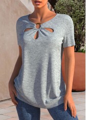 Light Grey Marl tops,Plain Color tops,ROTITA Grey Marl Cutout Neck Short Sleeve T Shirt