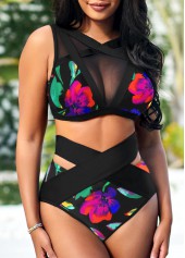 Multi Color swimwear,Floral swimwear,ROTITA Floral Print Mesh Stitching High Waisted Bikini Set