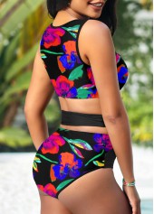 Multi Color swimwear,Floral swimwear,ROTITA Floral Print Mesh Stitching High Waisted Bikini Set