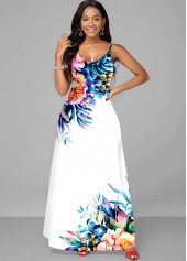 White dresses,Floral dresses,ROTITA Floral Print White Spaghetti Strap Dress