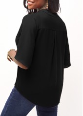 Black tops,Plain Color tops,Black Half Sleeve Split Neck Blouse