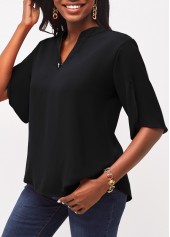Black tops,Plain Color tops,Black Half Sleeve Split Neck Blouse