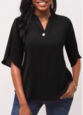 Black Half Sleeve Split Neck Blouse