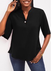 Black tops,Plain Color tops,Black Half Sleeve Split Neck Blouse