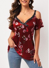 Strappy Cold Shoulder Wine Red Floral Print T Shirt