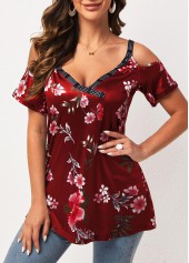 Wine Red tops,Floral tops,Strappy Cold Shoulder Wine Red Floral Print T Shirt