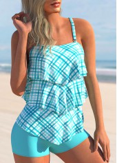 Cyan swimwear,Plaid swimwear,ROTITA Asymmetric Hem Cyan Plaid Tankini Set