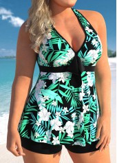 Cyan plus size,Floral plus size,ROTITA Floral Print Plus Size Cyan Halter Tankini Top