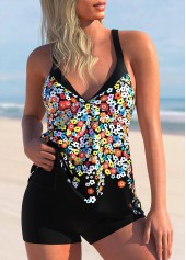 Ditsy Floral Print Wide Strap Black Tankini Set