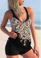 Black swimwear,Ditsy Floral swimwear,ROTITA Ditsy Floral Print Wide Strap Black Tankini Top